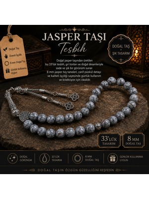 Lia Charm Gri Jasper Taşı Doğal Taş Tesbih 8 mm - Gümüş Kaplama Sistemli Püsküllü Tesbih