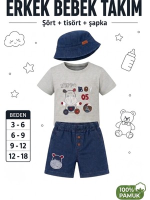 Lika&nika Erkek Bebek kot Şortlu Pamuklu kısa kolu Tişört Şapkalı Yazlık Takım 3-6, 6-9, 9-12, 12-18