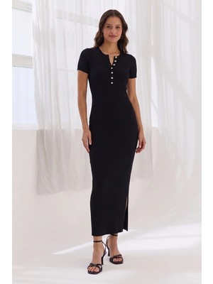 Shopping Shop Yakası Çıtçıtlı Fitilli Elbise Sıyah