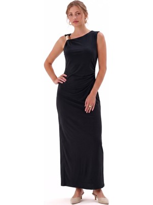 Shopping Shop Omzu Gold Detaylı Uzun Elbise Sıyah