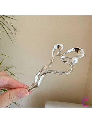 Cinderella Incili Geometrik Tasarım Gümüş Metal Kadın Saç Topuz Tokası 12.5cm - Zarif Şık Çubuk Toka Saç Çubuğu
