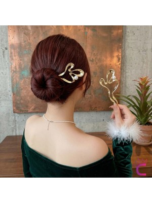 Cinderella Geometrik Tasarım Inci Taşlı Gold Metal Kadın Saç Topuz Tokası 12.5cm - Modern Çubuk Toka Saç Çubuğu