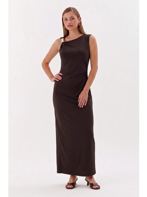 Shopping Shop Omzu Gold Detaylı Uzun Elbise Kahve