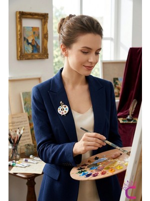 Cinderella Ressam Paleti Broş Renkli Kristal Taşlı - Resim Öğretmeni Hediyesi Çanta Ceket Yaka Iğnesi Aksesuar