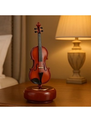 Ahl Shop Dekoratif Klasik Keman Figürlü Müzik Kutusu – 18 cm Ahşap Standlı Retro Döner Mekanizmalı Masaüstü Süs ve Hediyelik