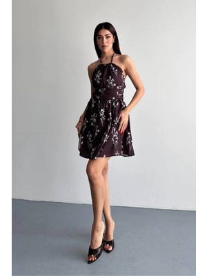 Shopping Shop Desenli Kısa Elbise Kahve