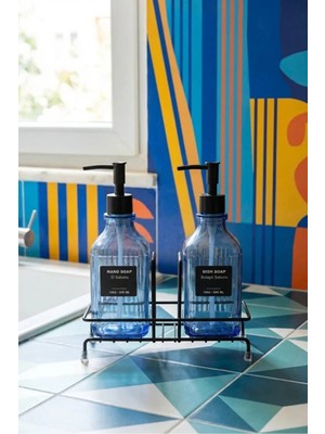 Modern Çizgili Cam Ikili Sıvı Sabunluk & Deterjanlık Seti - 500ML Standlı Mutfak ve Banyo Organizeri