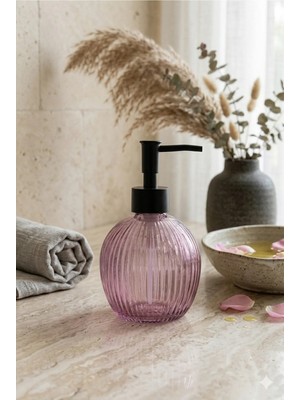 Çizgili Yuvarlak Siyah Pompalı Cam Sıvı Sabunluk - 500ML - 16X10X10 cm