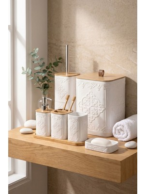 Empressco 7 Parça Desenli Kare Bambu Kapaklı Beyaz Banyo Seti, 8l Hacim