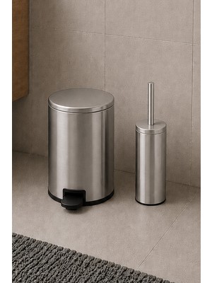 Primanova Cigo Compact 2'li Banyo Seti 3 Lt Çelik Çöp Kovası + Tuvalet Fırçası - Metalik