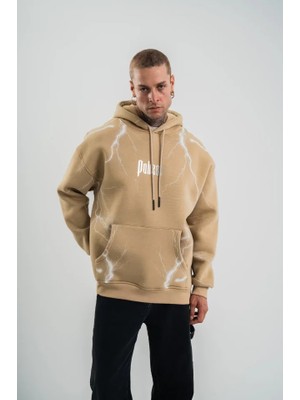 Erkek Şimşek Baskılı Kapşonlu Sweatshirt Üç Iplik Pamuklu Kanguru Cepli Double Oversize Hoodie - Bej