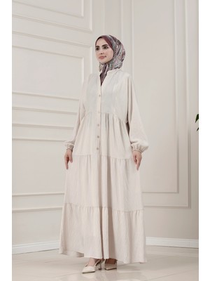 Sevitli Lilyum Kumaş Robalı Katya Elbise-Bej