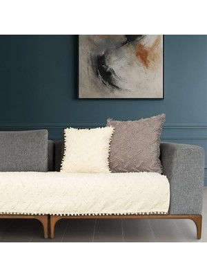 Ahl Shop Ponela Bohem Ponponlu Koltuk Örtüsü 90X200 cm Sadece Oturma Alanı (1 Adet)- Ekru