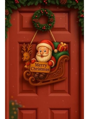 Ahl Shop Noel Babalı Kızaklı Hediye Paketli Yılbaşı Geyikli Kapı Süsü Ahşap Noel Kapı Süsü Yılbaşı Mazemeleri Temalı Hediyeler (25-30 Cm)