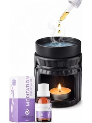 Ahl Shop 3 Lü Set Seramik Buhardanlık Seti Meditasyon-Plates-Yoga Seti - Seramik Yağdanlık + Aroma Terapi Oil + Dekoratif Mum - Rahatlatıcı Ortam Aksesuarı