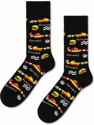 Carnaval Socks Carnaval Yarış Arabası Desenli Siyah Unisex Soket Çorap