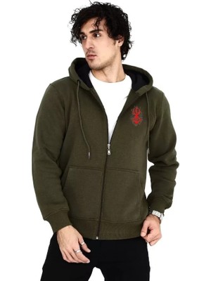 Unisex Baskılı Tam Fermuarlı Kapşonlu Sweatshirt - Haki