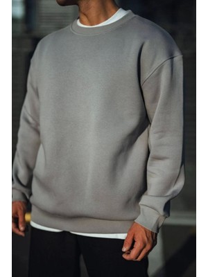 Kışlık Bisiklet Yaka Üç Iplik Basic Sweatshirt - Boyalı Gri