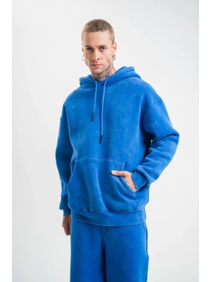 Unisex Double Oversize Kapşonlu Yıkamalı Sweatshirt - Mavi
