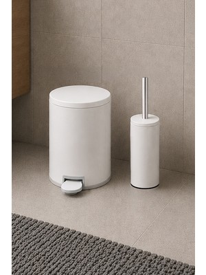 Primanova Cigo Compact 2'li Banyo Seti 3 Lt Çelik Çöp Kovası + Tuvalet Fırçası - Mat Beyaz