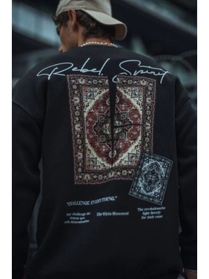 Uzun Kol Bisiklet Yaka Baskılı Sweatshirt - Siyah