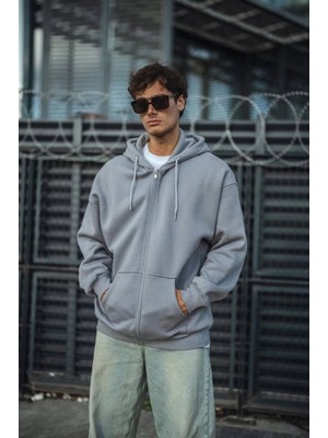 Oversize Tam Fermuarlı Uzun Kol Hırka - Gri
