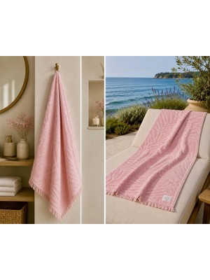 Missi Ege Esintisi Yaprak Jakarlı Plaj & Banyo Havlusu - Gül Esintisi | %100 Pamuk