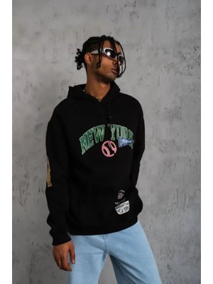 Erkek Baskılı Kapüşonlu Sweatshirt - Siyah