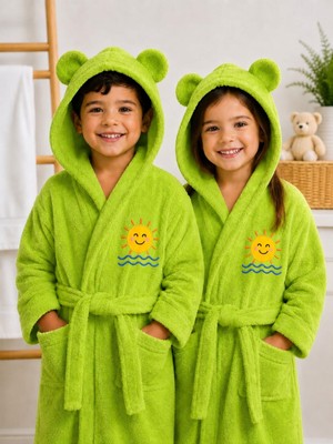 Serafina Sunny Bear Kapüşonlu Kulaklı Nakışlı %100 Pamuk Çocuk Bornoz