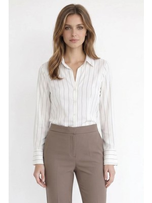 Tudors Kadın Slim Fit Dar Kesim Çizgili Viskon Yumuşak Dokulu Uzun Kollu Pensli Ekru Gömlek