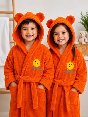 Serafina Sunny Bear Kapüşonlu Kulaklı Nakışlı %100 Pamuk Çocuk Bornoz