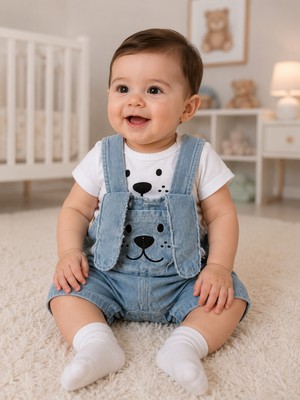 Baby Buu Bulut Anne - Köpek Kulaklı Ön Cepli Kot Salopet Takım / T-Shirt-Salopet 2li Takım