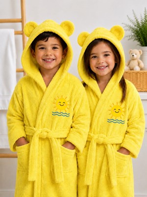 Serafina Sunny Bear Kapüşonlu Kulaklı Nakışlı %100 Pamuk Çocuk Bornoz