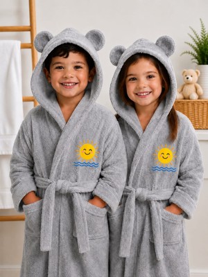 Serafina Sunny Bear Kapüşonlu Kulaklı Nakışlı %100 Pamuk Çocuk Bornoz