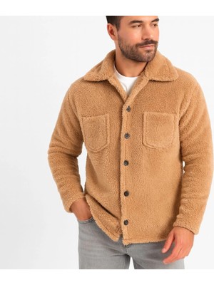 Erkek Pelüş Polar Hırka Gömlek – Yakalı, Ilik Düğmeli, Göğüs Cepli, Yumuşak Dokulu Kışlık Regular Fit Rahat Günlük Model - Açık Kahve