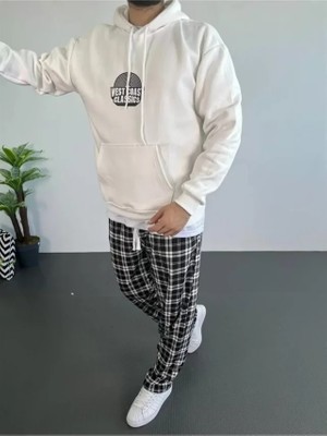 Erkek Baskılı Üç Iplik Kapüşonlu Oversize Sweatshirt - Beyaz