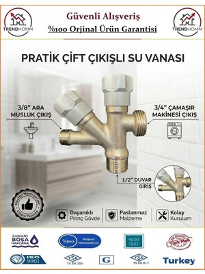 Trendhomm Çift Çıkışlı Ara Musluk - Bulaşık Makinası ve Mutfak Batarya Çıkışı - %100 Prinç