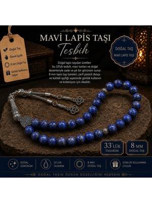 Lia Charm Lapis Lazuli Doğal Taş Tesbih 33 Lü 8 mm Özel Kesim Mavi Tesbih