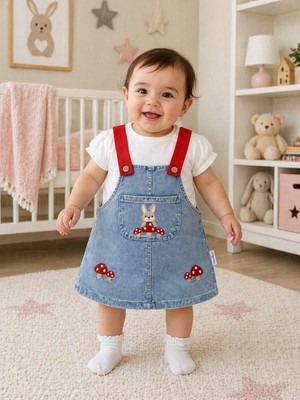 Baby Buu Bulut Anne - Kız Çocuk Kırmızı Mantar Nakış Detaylı Ön Cepli Salopet Kot Elbise - T-Shirt 2li Takım 6-24 Ay