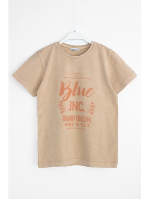 DobaKids Erkek Çocuk Oversize Tişört Blue Inc. Baskılı Düşük Omuz Bej - Vintage Edition - 001-0002181