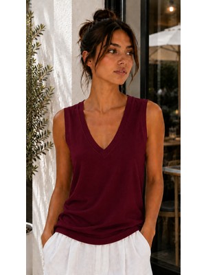 Hayalet Kadın V Yaka Kolsuz T-Shirt Ultra Soft Basic Bluz Loose Fit