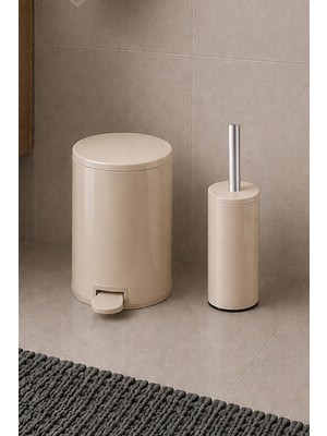 Primanova Cigo Compact 2'li Banyo Seti 3lt Çelik Çöp Kovası + Tuvalet Fırçası - Bej