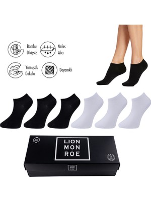 Lion Monroe Saf Bambu Erkek Patik Düz Siyah-Beyaz Çorap Dikişsiz Premium Hediye Kutulu 6'lı Prime Bamboo Serisi L5952AZNB