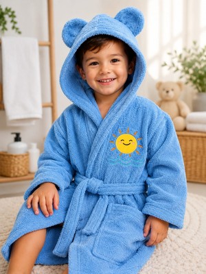 Serafina Sunny Bear Kapüşonlu Kulaklı Nakışlı %100 Pamuk Çocuk Bornoz