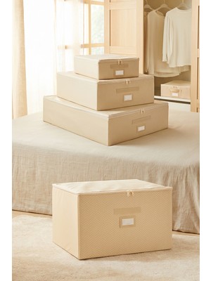 Ocean Home Textile 4'lü Bej Balıksırtı Destekli Kutu Hurç Set 31 x 38 x 12 + 45 x 55 x 18 + 55 x 70 x 18 + 48 x 40 x 30 cm