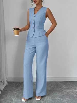 Kadın Askılı Önden Düğmeli Bluz ve Pantolon Keten Ikili Takım