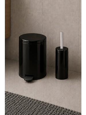 Primanova Cigo Compact 2'li Banyo Seti Çelik 3 Lt Çöp Kovası + Tuvalet Fırçası - Siyah