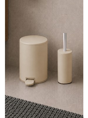 Primanova Cigo Compact 2'li Banyo Seti 3 Lt Çelik Çöp Kovası + Tuvalet Fırçası - Mat Bej
