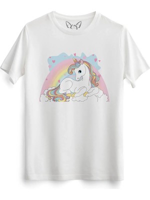  Unicorn Dijital Baskılı  Resimli Beyaz Tshirt