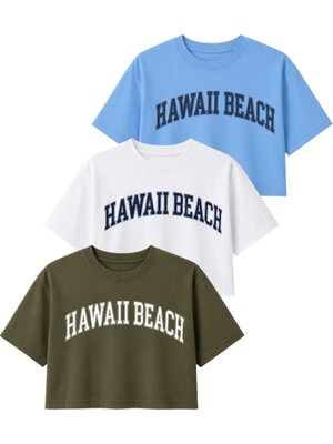 Dı Loria Kadın Rahat Kalıp Hawaii Baskılı Crop T-Shirt Seti (%95 Pamuk), (Mavi, Beyaz, Yeşil)